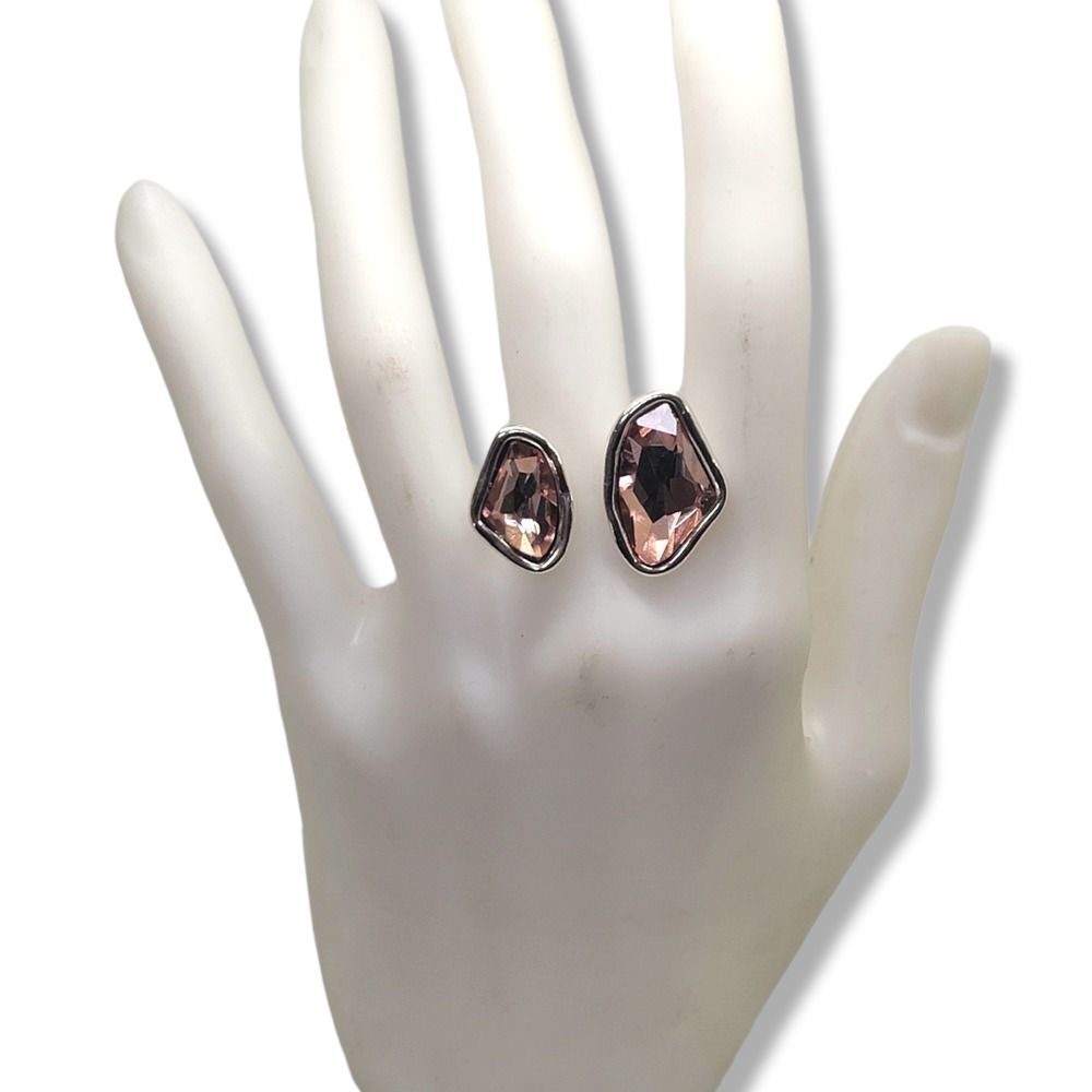 Simulated Morganite Crystal Freeform Silvertone Hammered Finish Ring